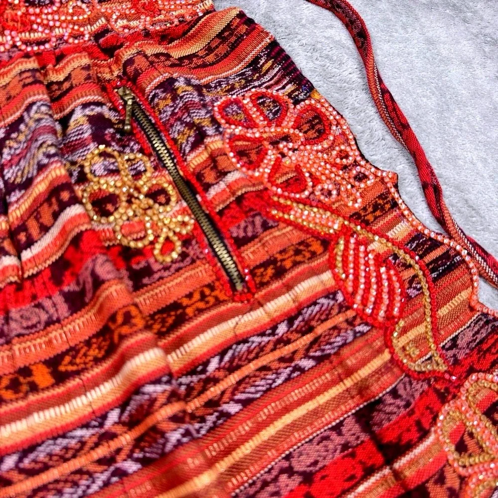 Handmade Guatemalan Embroidered Beaded Apron Floral Folk Art Boho Zipper Pockets